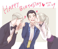 Rule 34 | 2018, 3boys, aged down, black hair, blazer, bow, bowtie, brown eyes, closed eyes, collared shirt, dated, dual persona, grey background, hair slicked back, hand on another&#039;s chin, hand on another&#039;s hip, happy birthday, heart, jacket, jewelry, katsuki yuuri, kiss, kissing cheek, kissing hand, male focus, multiple boys, natsuno (natsunosho), open mouth, outside border, ring, shirt, silver hair, time paradox, tuxedo, viktor nikiforov, yaoi, yuri!!! on ice