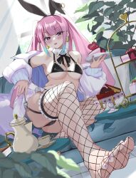 Rule 34 | 1girl, :p, animal ears, ass, bikini, black bikini, blush, box, breasts, cake, cake slice, couch, cup, earrings, fake animal ears, feet, fishnet thighhighs, fishnets, food, foot focus, foreshortening, fork, frilled bikini, frills, garter straps, heart, heart-shaped box, heart earrings, hiromusan, jacket, jewelry, long hair, lying, maid, maid bikini, medium breasts, nail polish, o-ring, o-ring bikini, on side, open clothes, open jacket, original, pink eyes, pink hair, pink nails, plant, plate, potted plant, rabbit ears, skindentation, soles, swimsuit, teacup, teapot, thighhighs, toenail polish, toenails, toes, tongue, tongue out, twintails, unconventional maid, valentine, very long hair, white jacket