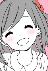 Rule 34 | 1girl, :d, ^ ^, blush, closed eyes, collared shirt, commentary request, facing viewer, flower, hair flower, hair ornament, happy, highres, hitori bocchi, hitoribocchi no marumaru seikatsu, katsuwo (cr66g), long hair, open mouth, partially colored, pink background, portrait, red flower, shirt, simple background, smile, solo, split mouth