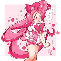 Rule 34 | 1girl, :o, ao yasai, blush, bow, brooch, character name, cowboy shot, cure blossom, earrings, embarrassed, hair bow, hanasaki tsubomi, heart, heart brooch, heartcatch precure!, highres, jewelry, leotard, long hair, magical girl, pink background, pink bow, pink eyes, pink hair, pink leotard, pink skirt, pink theme, ponytail, precure, skirt, skirt tug, solo, trembling