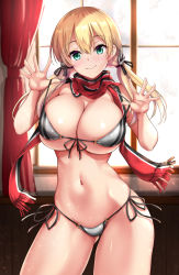Rule 34 | 1girl, akizuki akina, alternate costume, anchor hair ornament, bare arms, bare legs, bikini, bikini pull, blonde hair, blue eyes, blush, breasts, cleavage, clothes pull, commentary request, cowboy shot, curtains, front-tie top, gluteal fold, green eyes, hair ornament, halterneck, hat, highres, indoors, kantai collection, large breasts, long hair, looking at viewer, low twintails, micro bikini, navel, o-ring, o-ring bikini, peaked cap, prinz eugen (kancolle), scarf, shiny skin, side-tie bikini bottom, smile, solo, strap pull, string bikini, swimsuit, twintails, window
