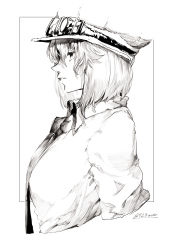 Rule 34 | 1girl, absurdres, border, collared shirt, cropped arms, cropped torso, goggles, goggles on headwear, greyscale, hat, highres, monochrome, necktie, niwarhythm, original, profile, shirt, solo, twitter username, upper body, white border, wing collar