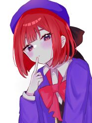 Rule 34 | 1girl, arima kana, b3alr, beret, blue hat, blue vest, blush, bob cut, closed mouth, finger to mouth, hat, hat ribbon, inverted bob, looking at viewer, oshi no ko, pink ribbon, red eyes, red hair, ribbon, school uniform, short hair, simple background, solo, vest, white background, youtou high school uniform
