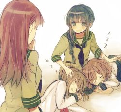 Rule 34 | 10s, 4girls, @ @, bad id, bad twitter id, black hair, blunt bangs, blush, braid, brown hair, closed eyes, commentary, covering own mouth, folded ponytail, green eyes, hair ornament, hairclip, hand on another&#039;s head, hand over own mouth, ikazuchi (kancolle), inazuma (kancolle), kantai collection, kitakami (kancolle), kurodeko, lap pillow, long hair, long sleeves, looking at another, lying, lying on person, md5 mismatch, multiple girls, neckerchief, ooi (kancolle), open mouth, pleated skirt, resized, school uniform, serafuku, short hair, short sleeves, simple background, sitting, skirt, sleeping, sleeping on person, sleeves past wrists, sweatdrop, wariza, white background, zzz