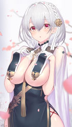 Rule 34 | 1girl, azur lane, blurry, braid, breast curtain lift, breast curtains, breasts, cherry blossoms, china dress, chinese clothes, commentary request, cowboy shot, depth of field, dress, floral print, french braid, gloves, green dress, hair between eyes, half gloves, highres, large breasts, lifted by self, looking down, neckwear between breasts, pelvic curtain, red eyes, revealing clothes, see-through, see-through sleeves, see-through, short hair, sideboob, sirius (azur lane), sirius (azure horizons) (azur lane), solo, takamine nadare, underboob, white dress, white hair