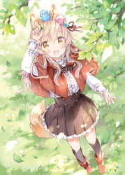 Rule 34 | :d, animal, animal ear fluff, animal ears, animal on head, arm up, bird, bird on head, black socks, blue flower, blush, boots, brown eyes, brown hair, brown skirt, capelet, center frills, commentary request, day, fang, flower, frilled skirt, frills, hair between eyes, hair flower, hair ornament, hair ribbon, hood, hood down, hooded capelet, kneehighs, long hair, long sleeves, looking at viewer, on head, open mouth, original, outdoors, pink flower, pleated skirt, red capelet, red footwear, red ribbon, ribbon, shirt, skirt, smile, socks, solo, standing, tail, wataame27, white shirt, wolf-chan (wataame27), wolf ears, wolf girl, wolf tail