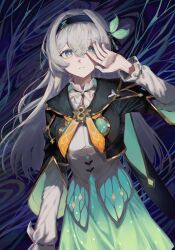 Rule 34 | 1girl, abstract background, absurdres, black hairband, black jacket, breasts, closed mouth, covering face, cowboy shot, cropped jacket, firefly (honkai: star rail), green skirt, grey hair, hair between eyes, hair intakes, hair ornament, hairband, hand up, highres, honkai: star rail, honkai (series), jacket, light frown, long hair, medium breasts, mia (39565899), neckerchief, orange neckerchief, purple background, shirt, sidelocks, skirt, solo, two-tone eyes, white shirt
