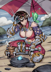 Rule 34 | 1girl, armor, beach, black hair, blue sky, breasts, bug, butterfly, cleavage, cloud, cloudy sky, crystal, goggles, goggles on head, green butterfly, highres, holding, holding scissors, insect, large breasts, mole, mole under eye, neoartcore, original, rock, scissors, shadow, short hair, sky, smile, solo, sparkle, umbrella, water