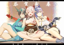 Rule 34 | 2022, 3girls, absurdres, alcohol, arknights, arm around shoulder, bare legs, bare shoulders, barefoot, bead bracelet, beads, blue dress, blue eyes, blue hair, bracelet, breasts, china dress, chinese clothes, cleavage, closed mouth, colored skin, covered erect nipples, detached collar, dragon girl, dragon horns, dragon tail, dress, dusk (arknights), earrings, closed eyes, fangs, gradient skin, green horns, green skin, highres, horns, indian style, jewelry, ken (1057168252), large breasts, ling (arknights), looking at another, multicolored hair, multiple girls, necktie, new year, nian (arknights), official alternate costume, open mouth, pointy ears, pot, red eyes, red hair, red skin, siblings, side slit, sisters, sitting, skindentation, sleeveless, sleeveless dress, smile, streaked hair, tail, tassel, tassel earrings, tsurime, white hair, wing collar, yellow necktie