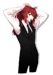 Rule 34 | 1boy, absurdres, arms behind head, brill p, collared shirt, diluc (genshin impact), formal, genshin impact, hair between eyes, hair tie in mouth, highres, jacket, long hair, long sleeves, male focus, mouth hold, necktie, open mouth, ponytail, red eyes, red hair, shirt, simple background, solo, suit, tying hair, vest, white background