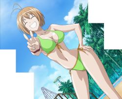 Rule 34 | 1girl, ahoge, amusement park, antenna hair, bikini, blue sky, breasts, brown hair, cleavage, closed eyes, cloud, collarbone, dutch angle, facing viewer, front-tie top, green bikini, grin, hand on own hip, highres, kampfer, kondou mikoto, medium breasts, palm tree, pool, screencap, shiny skin, short hair, side-tie bikini bottom, sky, smile, solo, standing, stitched, swimsuit, third-party edit, tree, v, wristband