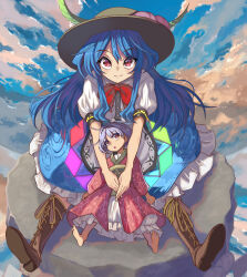 Rule 34 | 2girls, barefoot, black headwear, blue hair, blue sky, boots, bow, bowtie, brown headwear, closed mouth, cloud, food, fruit, full body, highres, hinanawi tenshi, japanese clothes, keystone, kimono, leaf, long hair, looking at another, looking at viewer, mini person, minigirl, multiple girls, open mouth, outdoors, peach, purple hair, red bow, red bowtie, red eyes, red kimono, shirt, short hair, short sleeves, sitting, sky, smile, sukuna shinmyoumaru, syope, touhou, white shirt