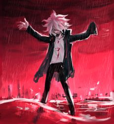 Rule 34 | 1boy, akiko 141, amputee, black pants, cloud, cloudy sky, commentary request, danganronpa (series), danganronpa 2: goodbye despair, evil smile, green jacket, grin, hands up, highres, jacket, komaeda nagito, legs apart, long sleeves, looking at viewer, male focus, open clothes, open jacket, outstretched arms, pants, print shirt, rain, red theme, shirt, sky, smile, solo, spoilers, standing, torn clothes, torn jacket, wading, weapon, white shirt