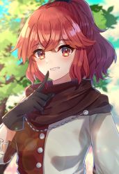 Rule 34 | 1girl, anna (fire emblem), anna (fire emblem engage), black gloves, blue sky, blush, brown scarf, buttons, cloud, commentary, day, edamameoka, fire emblem, fire emblem engage, gloves, grin, hair between eyes, highres, index finger raised, long hair, looking at viewer, nintendo, outdoors, ponytail, red eyes, red hair, scarf, sky, smile, solo, tree, upper body