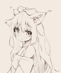 Rule 34 | 1girl, animal ear fluff, animal ears, bare shoulders, blush, bow, brown background, closed mouth, hair between eyes, hair bow, hamaru (s5625t), highres, long hair, looking at viewer, looking to the side, monochrome, off-shoulder shirt, off shoulder, original, shirt, simple background, solo, upper body