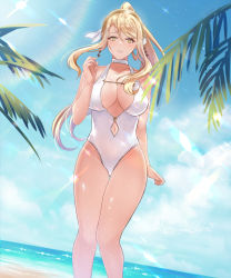 Rule 34 | 1girl, atelier (series), atelier ryza, atelier ryza 1, blonde hair, blue sky, breasts, brown hairband, casual one-piece swimsuit, cleavage, clothing cutout, cloud, collarbone, day, floating hair, gluteal fold, hair between eyes, hair ribbon, hairband, high ponytail, highres, klaudia valentz, large breasts, long hair, looking at viewer, midriff, navel, navel cutout, one-piece swimsuit, outdoors, parted lips, ribbon, sky, smk, solo, standing, stomach, summer, sunlight, swept bangs, swimsuit, thigh gap, very long hair, white one-piece swimsuit, white ribbon, yellow eyes