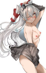 Rule 34 | 1girl, amatsukaze (kancolle), blush, breasts, brown dress, brown eyes, cleavage, dress, grey jacket, hair tubes, hat, highres, jacket, kantai collection, long hair, looking at viewer, medium breasts, mini hat, nipples, one eye closed, open clothes, open dress, sailor collar, short dress, simple background, smokestack hair ornament, solo, tororo ten, two side up, white background, white hair, white sailor collar