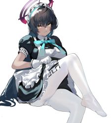 Rule 34 | 1girl, ahoge, apron, aqua ribbon, black hair, blue archive, blue neckwear, blush, clothes lift, commentary, dark-skinned female, dark skin, english commentary, gloves, halo, highres, karin (blue archive), leg up, looking at viewer, maid, maid headdress, pantyhose, print pantyhose, prossss, puffy short sleeves, puffy sleeves, ribbon, short sleeves, sitting, skirt, skirt lift, solo, white apron, white background, white gloves, white pantyhose, yellow eyes