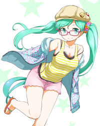 Rule 34 | 1girl, bespectacled, bra, breasts, cabbie hat, female focus, full body, glasses, green eyes, green hair, hat, hatsune miku, highres, hood, hoodie, long hair, matching hair/eyes, musical note, nagian, no socks, open clothes, open hoodie, sandals, scrunchie, shorts, smile, solo, strap slip, striped, tank top, thighs, twintails, underwear, very long hair, vocaloid