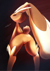 1girl artist_name ass body_fur brown_fur closed_mouth creatures_(company) female_focus furry furry_female game_freak gen_4_pokemon highres leaning_forward legs legs_apart long_ears looking_at_viewer looking_back lopunny netiel nintendo pokemon pokemon_(creature) rabbit_ears rabbit_girl rabbit_tail red_background red_eyes short_tail signature simple_background solo tail thighs two-tone_fur white_fur