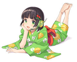 Rule 34 | 1girl, :d, barefoot, black hair, blunt bangs, blush, breasts, feet, floral print, food-themed hair ornament, green eyes, green kimono, hair ornament, hand on own cheek, hand on own face, headset, highres, japanese clothes, kimono, kyomachi seika, looking at viewer, lying, medium hair, official art, on stomach, open mouth, shigure ui, simple background, small breasts, smile, solo, strawberry hair ornament, the pose, voiceroid, white background, wide sleeves