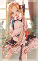 Rule 34 | 1girl, :d, abigail williams (fate), abigail williams (festival outfit) (fate), black dress, blonde hair, bloomers, blue eyes, blurry, blurry background, blush, butterfly hair ornament, commentary request, curtains, depth of field, dress, fate/grand order, fate (series), forehead, hair ornament, head tilt, heroic spirit chaldea park outfit, highres, holding, inagawa (kidou kairo), indoors, keyhole, long hair, long sleeves, official alternate costume, open mouth, parted bangs, round teeth, shirt, sidelocks, sleeveless, sleeveless dress, sleeves past fingers, sleeves past wrists, smile, solo, stuffed animal, stuffed toy, teddy bear, teeth, tentacles, underwear, upper teeth only, very long hair, white bloomers, white shirt, window