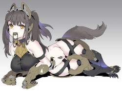 Rule 34 | 1girl, absurdres, amputee, animal ears, bell, bottomless, breasts, bridle, brown eyes, choker, cleft of venus, dog ears, dog tail, female focus, female pubic hair, gradient background, grey background, highres, human dog, jingle bell, lying, neck bell, on side, original, ponytail, prosthesis, pubic hair, pussy, quadruple amputee, solo, tail, zhu fun