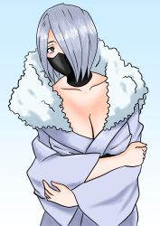 Rule 34 | 1girl, artist request, asymmetrical bangs, black mask, black sash, boku no hero academia, breasts, cleavage, collarbone, crossed arms, expressionless, eyelashes, female focus, fingernails, fur collar, ghost pose, gradient background, grey eyes, grey kimono, hair over one eye, hands up, highres, japanese clothes, kimono, legs, looking at viewer, mask, matching hair/eyes, medium breasts, medium hair, mouth mask, neck, no bra, obi, outstretched arms, sash, shiny clothes, shiny skin, sidelocks, silver hair, simple background, standing, thighs, traditional clothes, wide sleeves, yanagi reiko
