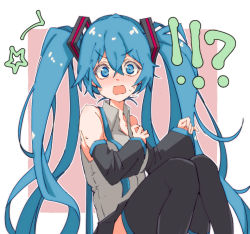 Rule 34 | !?, 1girl, 3774., bare shoulders, black skirt, black sleeves, black thighhighs, blue eyes, blue hair, blue necktie, blush, commentary, detached sleeves, grey shirt, hair ornament, hatsune miku, knees up, long hair, looking at viewer, miniskirt, necktie, open mouth, pleated skirt, shirt, sitting, skirt, sleeveless, sleeveless shirt, solo, star (symbol), surprised, sweat, thighhighs, twintails, unworn necktie, v-shaped eyebrows, very long hair, vocaloid, zettai ryouiki