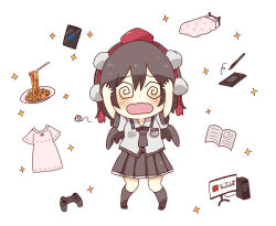 Rule 34 | 1girl, @ @, arms up, bed, black hair, black skirt, black socks, black wings, blush, cellphone, chibi, collared shirt, commentary request, computer, controller, drawing tablet, dress, dress shirt, facing viewer, feathered wings, food, fork, game controller, grey shirt, hair between eyes, hat, kneehighs, monitor, no shoes, open mouth, pasta, phone, pleated skirt, red hat, shameimaru aya, shirt, short sleeves, simple background, skirt, socks, solo, spaghetti, sparkle, stylus, tokin hat, totoharu (kujirai minato), touhou, twitter logo, wavy mouth, white background, white dress, wings, youtube