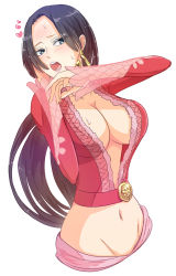 Rule 34 | 1girl, black hair, blue eyes, blush, boa hancock, breasts, cleavage, cropped torso, earrings, groin, heart, highres, jewelry, large breasts, long hair, long sleeves, looking at viewer, midriff, navel, nyuu men, one piece, open mouth, see-through, simple background, solo, standing, stomach, sweatdrop, very long hair, white background