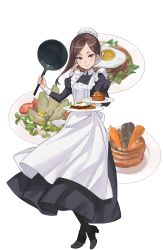 Rule 34 | 1girl, apron, black footwear, boots, bottle, brown hair, dorothy (princess principal), egg, food, frying pan, full body, hair bun, hat, high heel boots, high heels, highres, holding, holding plate, looking at viewer, maid, maid apron, maid cap, mob cap, official art, plate, princess principal, princess principal game of mission, purple eyes, shoes, single hair bun, solo, transparent background