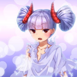 Rule 34 | 1girl, absurdres, blush, collarbone, highres, horns, looking at viewer, open mouth, original, red eyes, shirt, short hair, silver hair, solo, torn clothes, torn shirt, upper body, xuanyuan jiyu