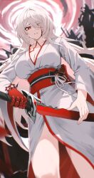 Rule 34 | 1girl, absurdres, acheron (honkai: star rail), breasts, cleavage, commentary, cowboy shot, hair over one eye, highres, holding, holding sword, holding weapon, honkai: star rail, honkai (series), japanese clothes, katana, kimono, large breasts, long sleeves, looking at viewer, nvl, obi, official alternate color, official alternate costume, parted lips, red eyes, red sash, sash, solo, standing, sword, thighs, weapon, white hair, white kimono
