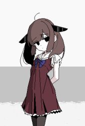 Rule 34 | ++ (9oafxjjhuktkdef), 1girl, ahoge, alternate eye color, arched back, arms behind back, beach, black eyes, black pantyhose, blue bow, blue bowtie, blunt bangs, bow, bowtie, breasts, brown hair, closed mouth, commentary request, dot mouth, dress, empty eyes, feet out of frame, frills, furrowed brow, gathers, grey background, headgear, horizon, long hair, looking at viewer, monochrome background, pantyhose, pixel art, raised eyebrows, red dress, sailor collar, short dress, short sleeves, small breasts, solo, standing, touhoku kiritan, twintails, voiceroid, waves, white sailor collar