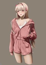 Rule 34 | 1girl, :d, absurdres, bare shoulders, blush, bodam, breasts, casual, cleavage, cropped legs, goddess of victory: nikke, hair intakes, hand in pocket, highres, horns, jacket, large breasts, light brown hair, long hair, looking at viewer, open mouth, pink horns, pink jacket, pink shorts, red eyes, shirt, shorts, simple background, sleeves past fingers, sleeves past wrists, smile, solo, viper (nikke), white shirt