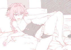Rule 34 | 1boy, astolfo (fate), banned artist, bare shoulders, black bow, blush, bow, braid, collarbone, fate/apocrypha, fate (series), hair intakes, long braid, long hair, looking at viewer, mo (kireinamo), multicolored hair, nipples, open mouth, pink hair, purple eyes, single braid, smile, solo, streaked hair, thighs, trap