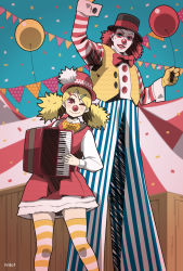 Rule 34 | 1boy, 1girl, ;), accordion, balloon, blonde hair, blue eyes, bow, bowler hat, bowtie, clown, clown nose, confetti, dress, gloves, hair ornament, hairclip, harada yuuichi, hat, highres, instrument, long hair, makeup, one eye closed, original, pants, red eyes, red hair, smile, striped clothes, striped pants, striped thighhighs, thighhighs, top hat, twintails, vertical-striped clothes, vertical-striped pants, vest, wooden box, wrist cuffs, yellow gloves