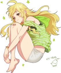 Rule 34 | 1girl, ahoge, artist name, bad id, bad pixiv id, bandaid, bandaid on knee, bandaid on leg, bare shoulders, barefoot, blonde hair, bracelet, fetal position, from side, full body, green eyes, hoshii miki, hugging own legs, idolmaster, idolmaster (classic), jewelry, korean text, long hair, looking at viewer, lying, own hands together, plantar flexion, rod (rod4817), shirt, simple background, smile, solo, striped clothes, striped shirt, tank top, white background
