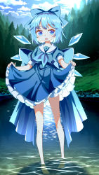 Rule 34 | 1girl, :o, absurdres, alternate costume, barefoot, blue bow, blue dress, blue eyes, blue hair, blue neckwear, blue serafuku, bow, cirno, clothes lift, commentary request, dress, forest, full body, hair bow, highres, ice, ice wings, jiege, lens flare, lifted by self, looking at viewer, nature, partially submerged, petticoat, puffy short sleeves, puffy sleeves, school uniform, serafuku, short hair, short sleeves, skirt, skirt lift, solo, standing, touhou, wings