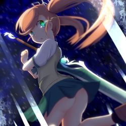 Rule 34 | 1girl, afushiru wa kugi, ass, blurry, blush, brown hair, from behind, glowing, glowing eyes, green eyes, green skirt, hair ribbon, long hair, looking at viewer, looking back, looking down, nanase (under night in-birth), no panties, open mouth, pleated skirt, ribbon, school uniform, short sleeves, skirt, solo, sweater vest, sword, twintails, under night in-birth, weapon