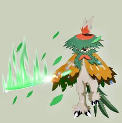 Rule 34 | alternate color, beak, bird, closed mouth, creatures (company), energy sword, game freak, grey background, hat, hisuian decidueye, holding, holding weapon, leaves, looking at viewer, lordsketch, nintendo, no humans, owl, pokemon, pokemon (creature), shiny pokemon, straw hat, sword, talons, weapon