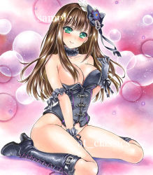 Rule 34 | 10s, 1girl, adapted costume, alternate costume, artist name, at classics, between legs, black gloves, blush, boots, breasts, brown hair, bubble background, bustier, collarbone, cross-laced footwear, female focus, flower, flower on head, gloves, gradient background, green eyes, hair censor, hair flower, hair ornament, hair over breasts, hair over one breast, hand between legs, idolmaster, idolmaster cinderella girls, lace-up boots, large breasts, long hair, looking at viewer, no panties, off shoulder, one breast out, shibuya rin, sitting, smile, solo, traditional media, wariza