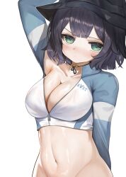 Rule 34 | 1girl, arm behind back, arm up, black hair, black hat, blue archive, blue jacket, blush, breasts, cleavage, closed mouth, collarbone, cropped jacket, dokomon, green eyes, hat, highres, jacket, large breasts, looking at viewer, multicolored clothes, multicolored jacket, navel, partially unbuttoned, saki (blue archive), saki (swimsuit) (blue archive), short hair, simple background, solo, two-tone jacket, upper body, white background, white jacket, zipper, zipper pull tab
