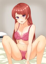 Rule 34 | 1girl, bed sheet, blush, bra, breasts, commission, kantai collection, large breasts, lingerie, long hair, looking at viewer, makinoki, nevada (kancolle), open mouth, panties, pantyhose, red bra, red eyes, red hair, red panties, sitting, skeb commission, solo, spread legs, underwear, underwear only