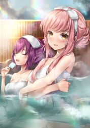 Rule 34 | 2girls, bare shoulders, bath, bathing, blunt bangs, blush, breasts, cleavage, closed eyes, collarbone, commentary request, crossed arms, fate/grand order, fate (series), hair between eyes, hair bun, hair up, hane yuki, highres, large breasts, long hair, looking at viewer, medb (fate), medium breasts, multiple girls, naked towel, nose blush, onsen, open mouth, outdoors, partially submerged, pink hair, ponytail, purple hair, rock, scathach (fate), sidelocks, single hair bun, sitting, smile, steam, sunlight, sweat, towel, towel on head, water, wet, wet towel, yellow eyes
