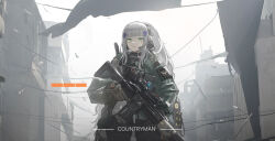 Rule 34 | 1girl, absurdres, agent 416 (girls&#039; frontline), artist name, assault rifle, black gloves, blunt bangs, countryman (artist), cowboy shot, facial mark, girls&#039; frontline, gloves, green eyes, green jacket, grey hair, gun, h&amp;k hk416, hair ornament, headset, highres, hk416 (girls&#039; frontline), holding, holding gun, holding weapon, jacket, looking at viewer, outdoors, ponytail, rifle, scope, solo, standing, tactical clothes, tom clancy&#039;s the division, trigger discipline, weapon
