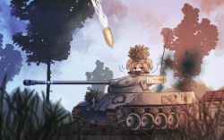 Rule 34 | 1girl, ammunition, blonde hair, blue eyes, cannon, caterpillar tracks, envada, hat, lorraine 40t, military, military vehicle, motor vehicle, muzzle device, shell (projectile), short twintails, solo, tank, tree, twintails, vehicle, world of tanks