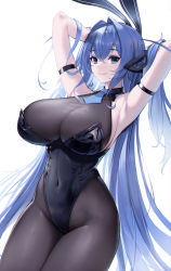 Rule 34 | 1girl, animal ears, arm strap, armpits, azur lane, black bodysuit, black leotard, blue eyes, blue hair, blue necktie, bodysuit, breasts, cleavage, closed mouth, commentary, covered navel, cowboy shot, crossed bangs, fake animal ears, hair between eyes, headpiece, highres, kawauso (ppdp7544), large breasts, leotard, long hair, looking at viewer, necktie, new jersey (azur lane), new jersey (exhilarating steps!) (azur lane), official alternate costume, pantyhose, playboy bunny, rabbit ears, see-through, see-through cleavage, short necktie, simple background, skin tight, smile, solo, very long hair, white background, wing collar