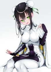 Rule 34 | 1girl, absurdres, black gloves, black hair, bodysuit, breasts, cape, commentary request, double bun, elbow gloves, fate/grand order, fate (series), gloves, green eyes, green ribbon, hair between eyes, hair bun, hair ornament, hair ribbon, highres, holding, long hair, looking at viewer, medium breasts, nyatabe, open mouth, qin liangyu (fate), revision, ribbon, simple background, sitting, smile, solo, teeth, upper teeth only, white background, white bodysuit, white cape
